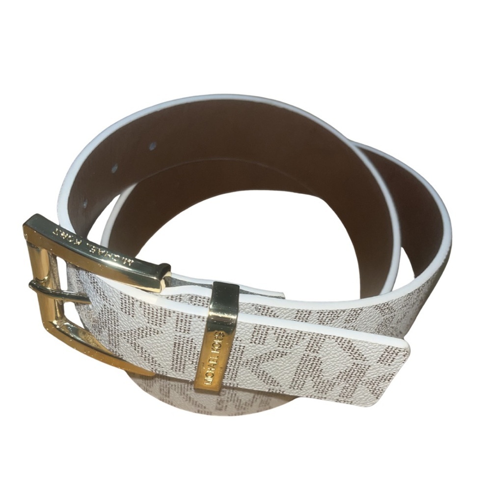 NWT Michael Kors Signature MK Logo Belt - Vanilla/Gold (S) - Picture 2 of 8